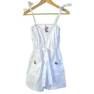 Vintage White Cottagecore Tie Straps‎ Romper with Floral Embroidery